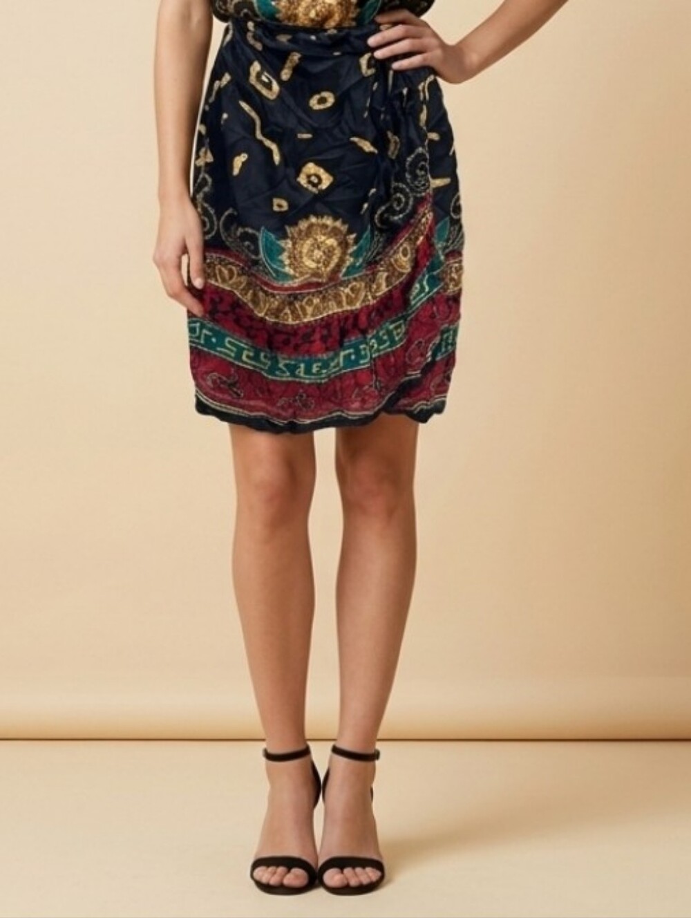 CAROL LITTLE VINTAGE 90s Black Floral Border Midi Skirt with Gold Accents Size L